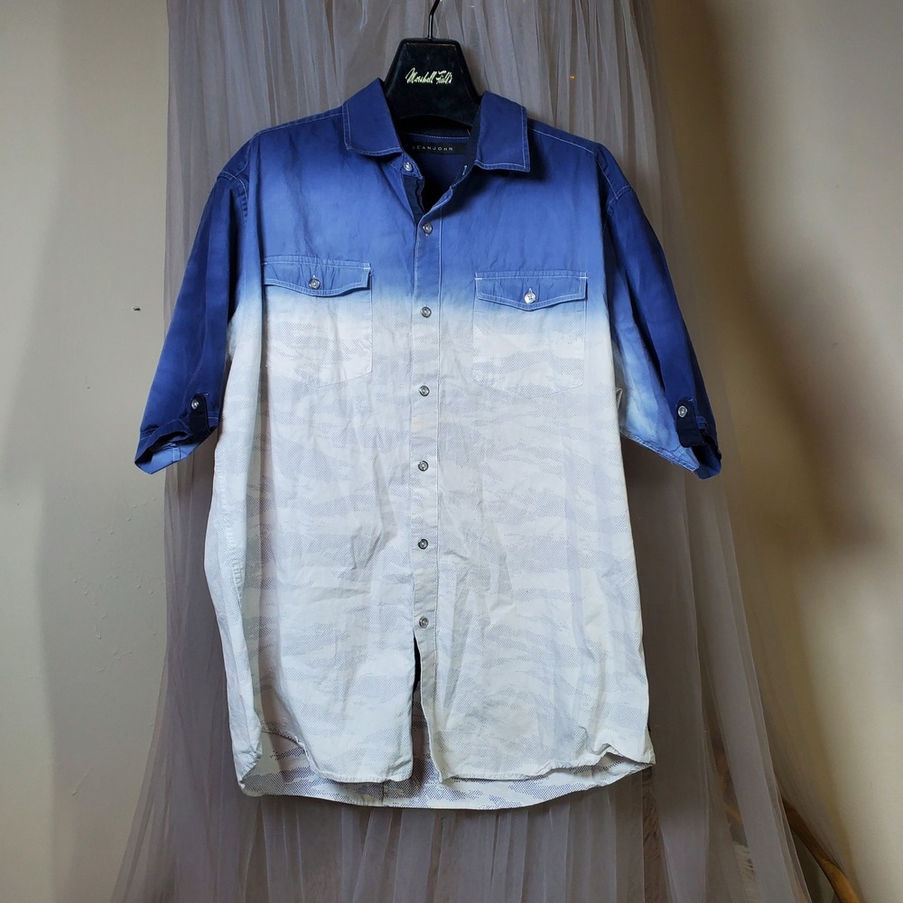 Sean John Blue Ombre Button Short Sleeve Shirt Golf Y2K 2X Casual Vaca Beach